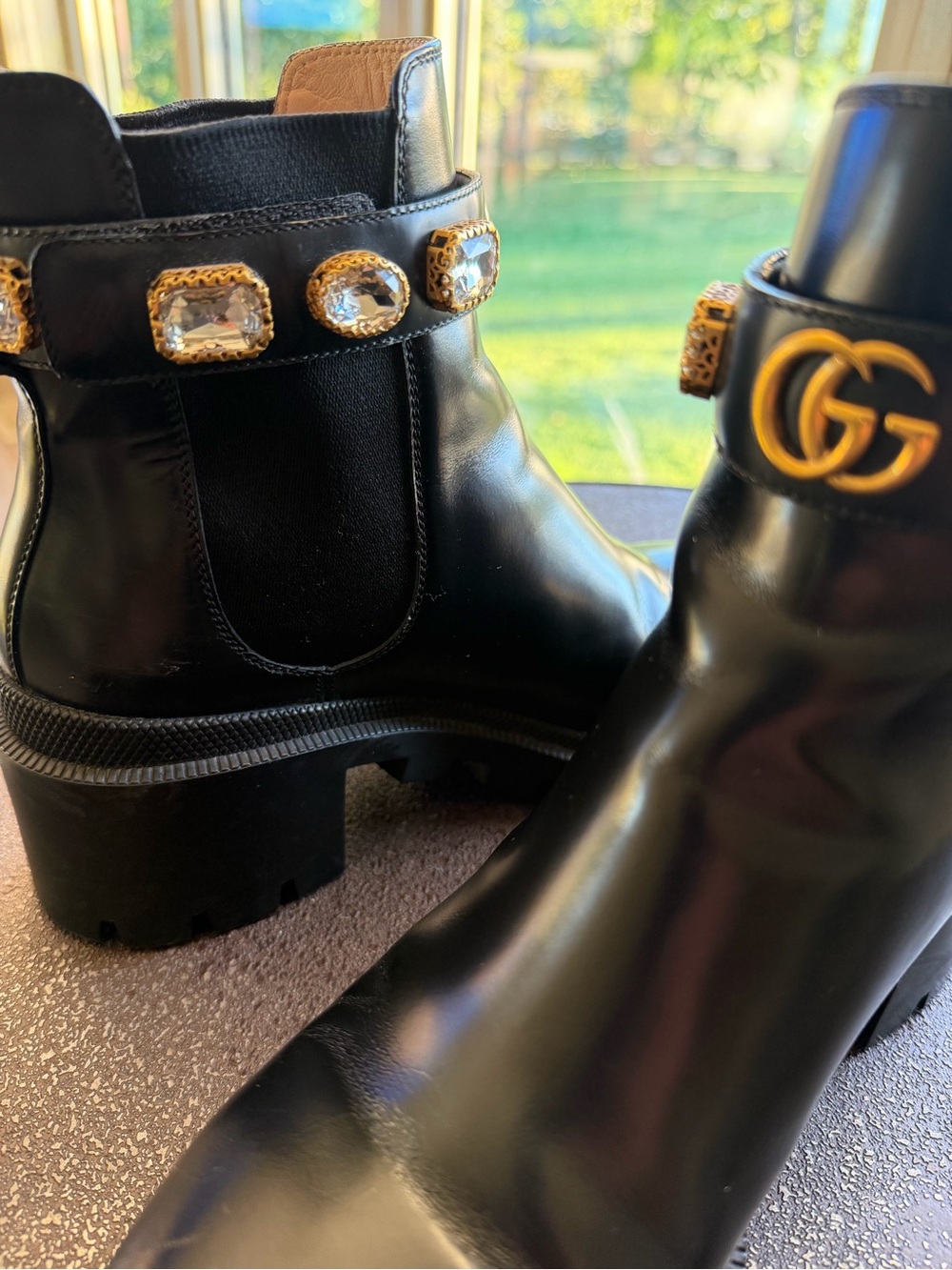 Gucci Black Leather Crystal-Embellished Chelsea Booties with Gold GG